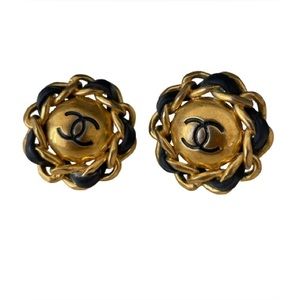 VINTAGE CHANEL EARRINGS By Karl Lagerfeld 1994 BLK LEATHER & CHAIN